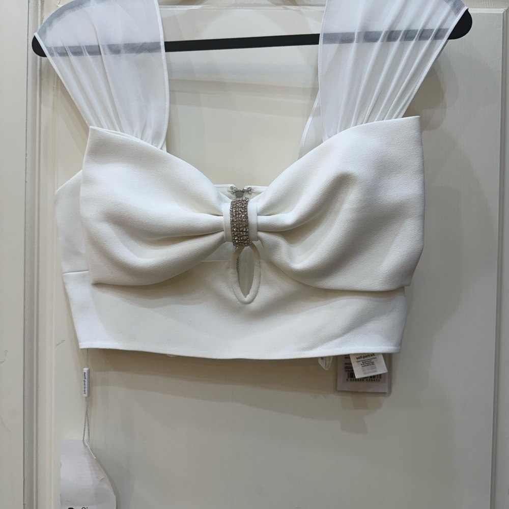 Self-Portrait Ivory Crop Top with Rhinestone Bow